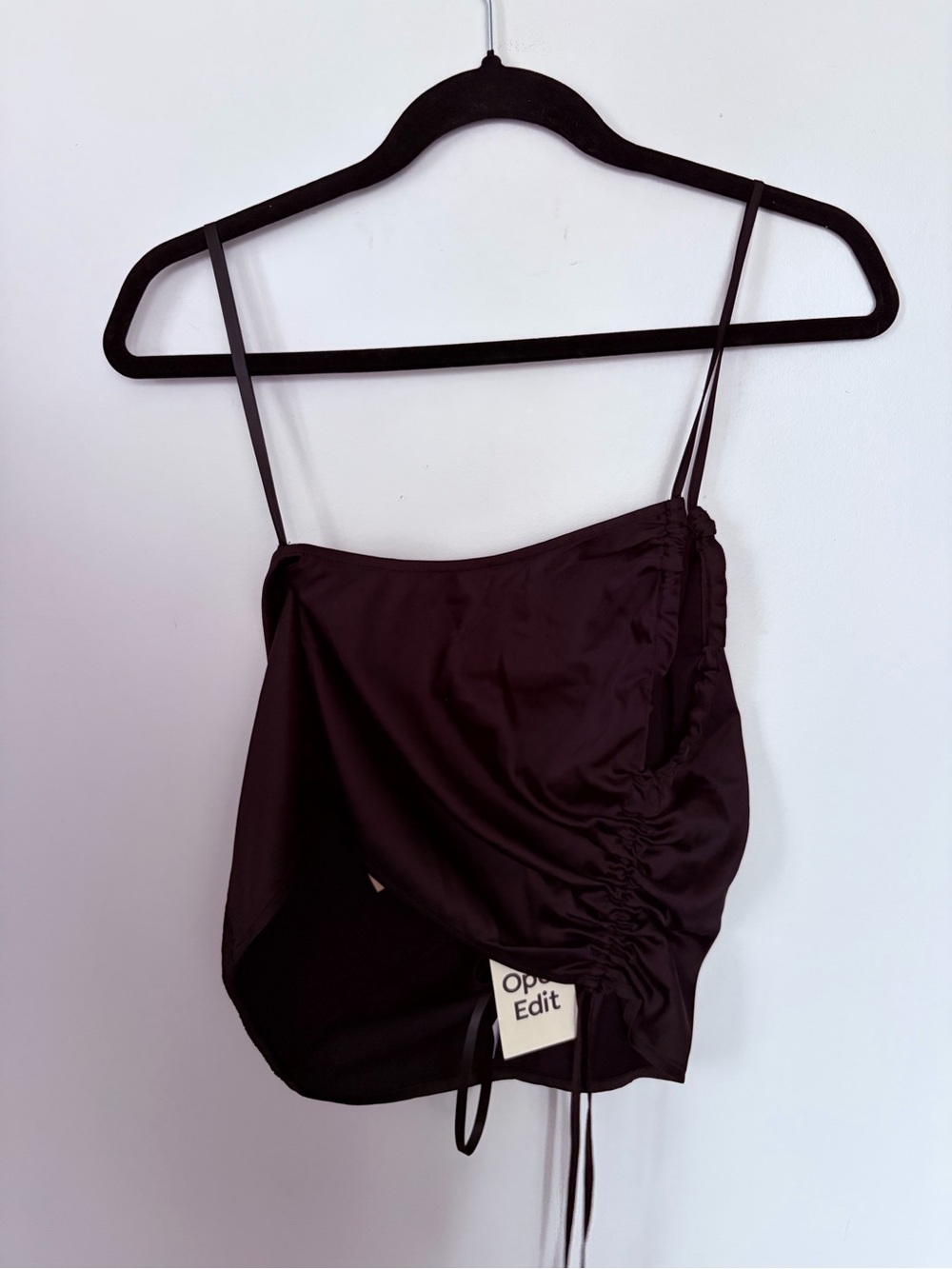 NWT Open Edit Satin Ruched Cami Top - Black Large